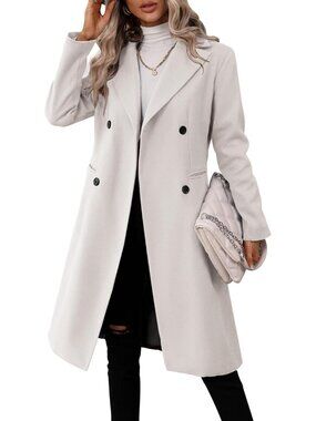 Women M-white Lapel Collar Long Sleeve Slim Fit Double Breasted Trench Coat